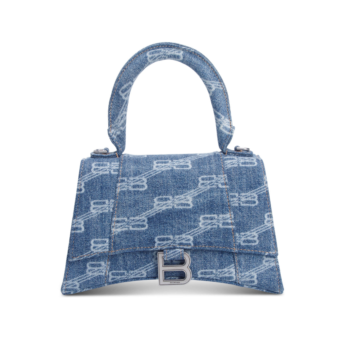 Balenciaga Blue Denim BB Monogram Small Hourglass Top Handle Bag w/ Strap