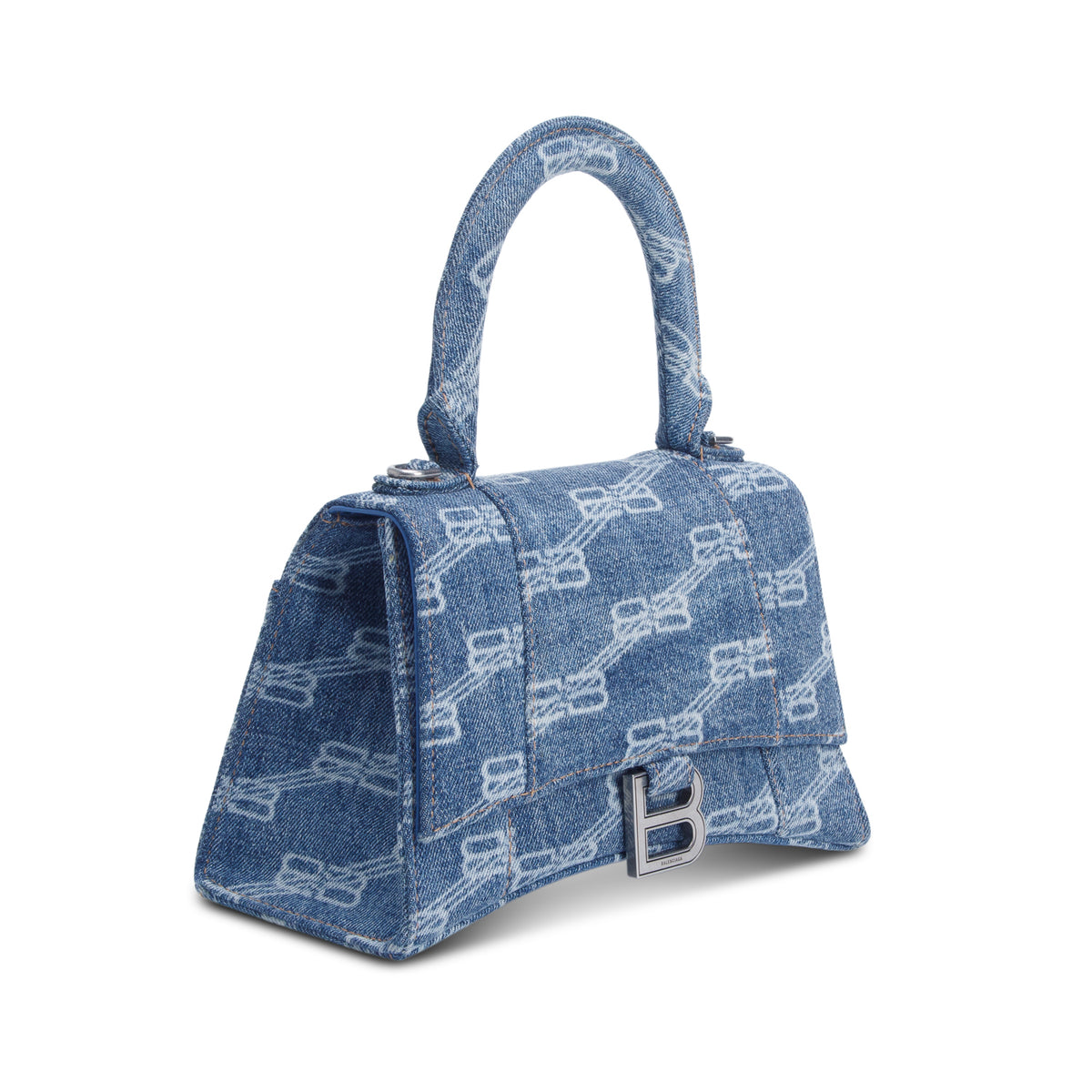Balenciaga Blue Denim BB Monogram Small Hourglass Top Handle Bag w/ Strap