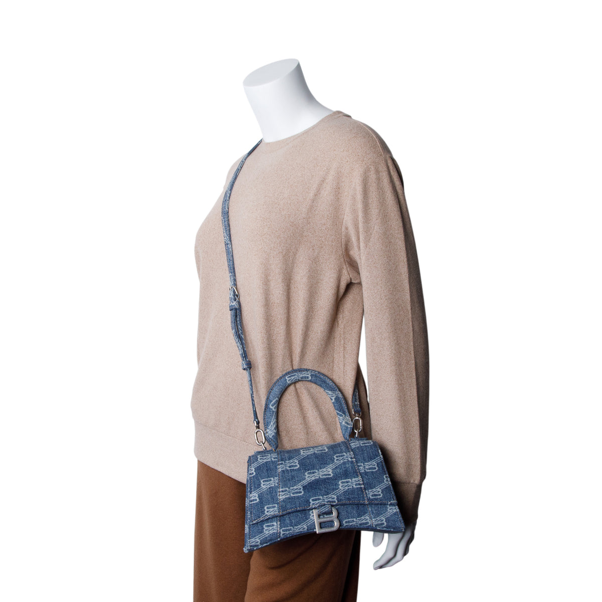 Balenciaga Blue Denim BB Monogram Small Hourglass Top Handle Bag w/ Strap