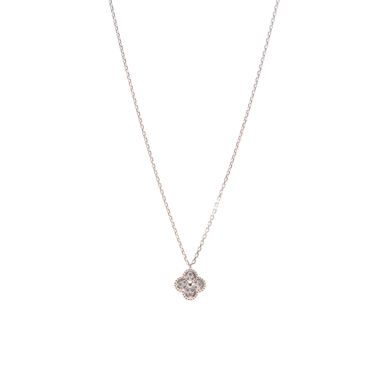 Van Cleef & Arpels 2025 18k White Gold Diamond Sweet Alhambra Pendant Necklace w/ Box & Certificate