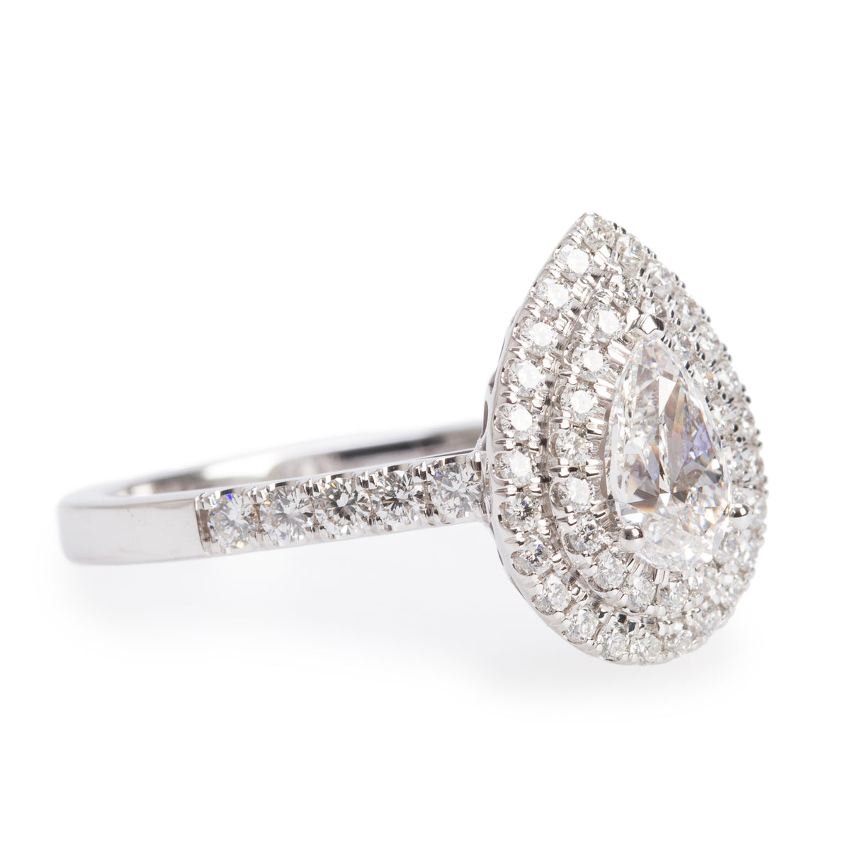 18k White Gold 0.70 ct. Pear Shaped Diamond Double Halo Engagement Ring, Size 6.75