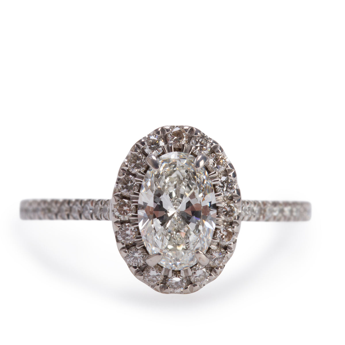 18k White Gold 0.60 ct. Oval Shaped Diamond Double Halo Engagement Ring, Size 4