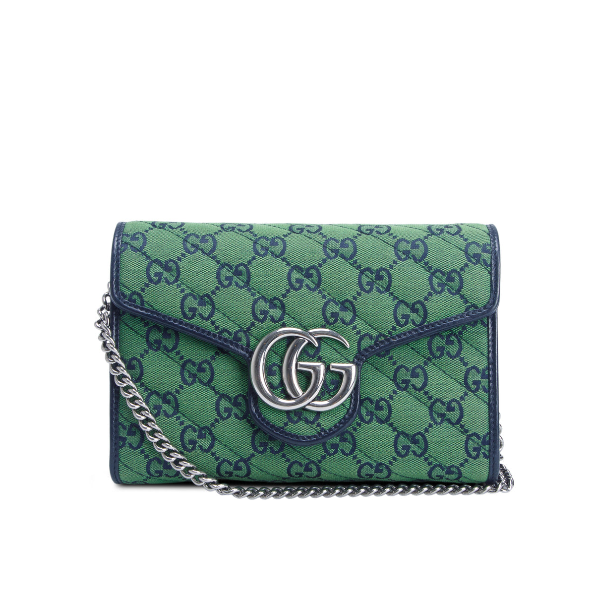 Gucci Green Monogram Multicolor Matelasse Diagonal Small GG Marmont Chain Wallet