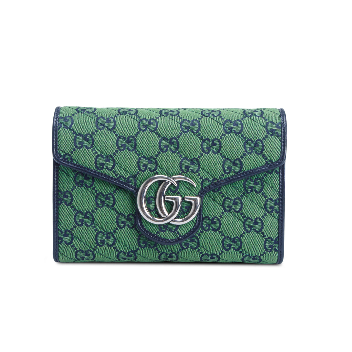 Gucci Green Monogram Multicolor Matelasse Diagonal Small GG Marmont Chain Wallet