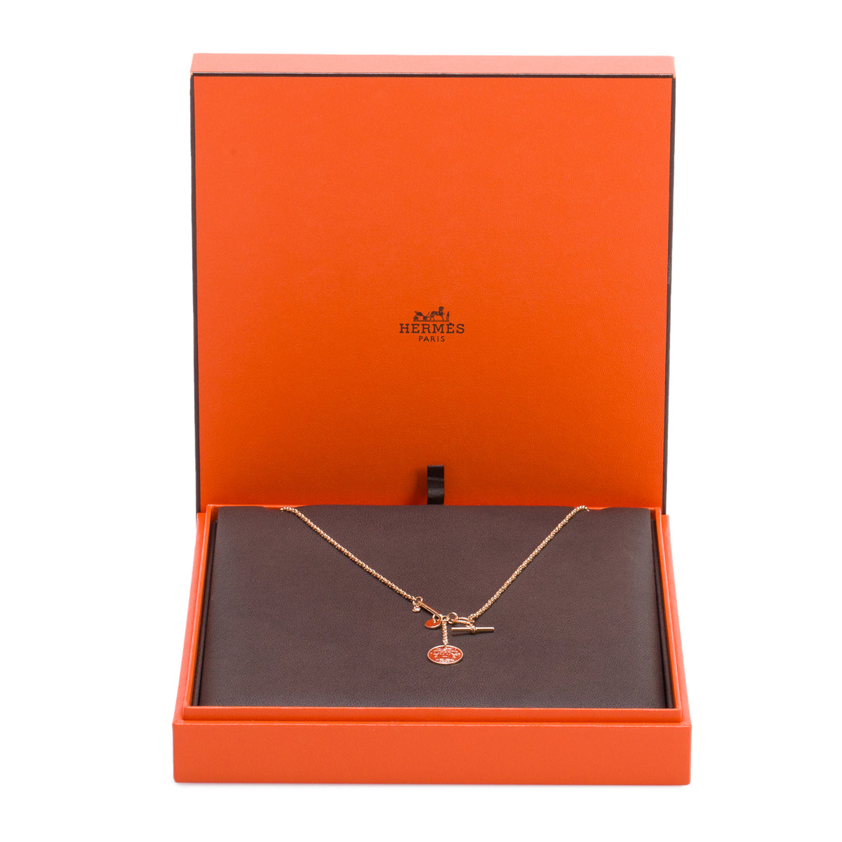 Hermes 18k Rose Gold Diamond Ex-Libris Pendant Necklace, Small Model w/ Box