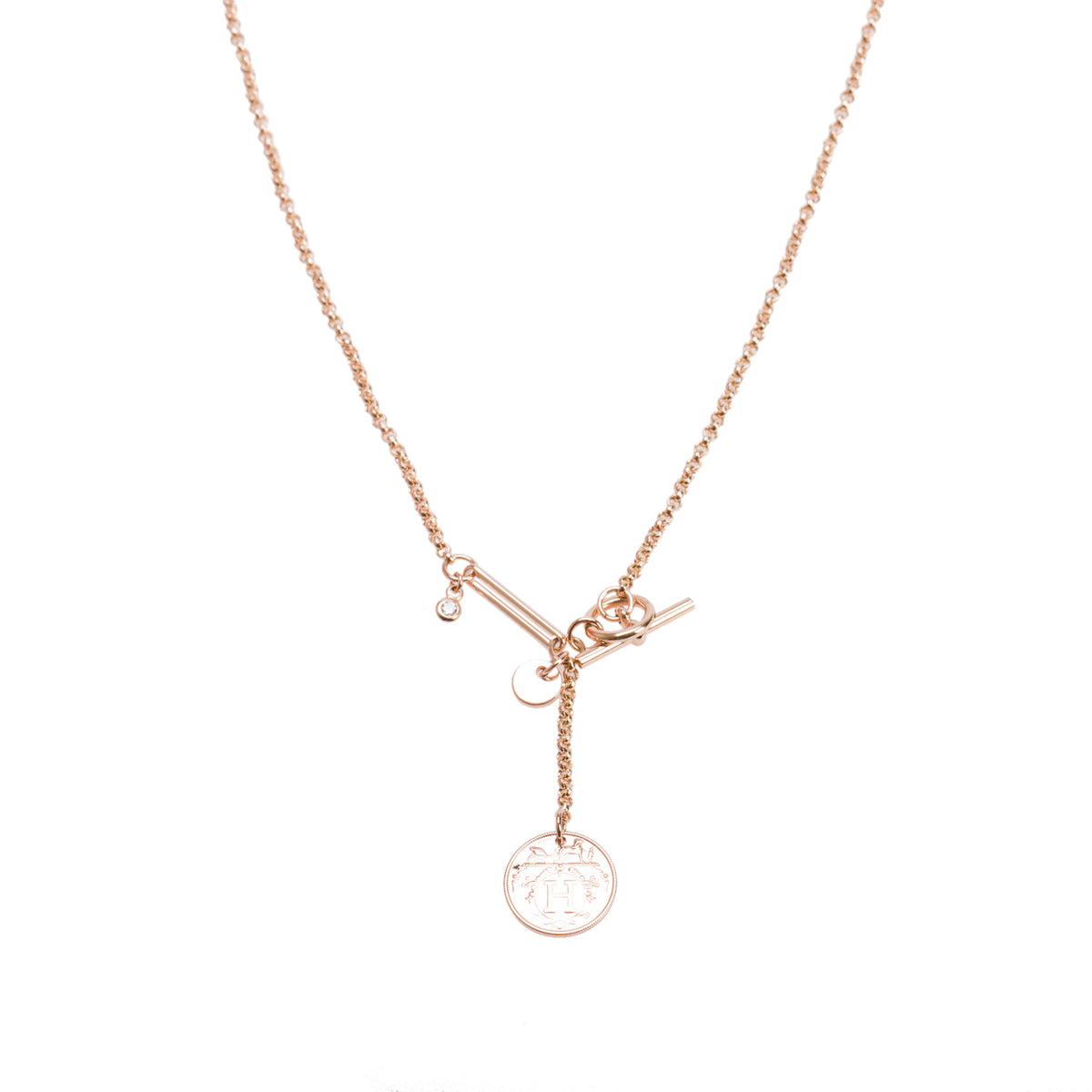 Hermes 18k Rose Gold Diamond Ex-Libris Pendant Necklace, Small Model w/ Box
