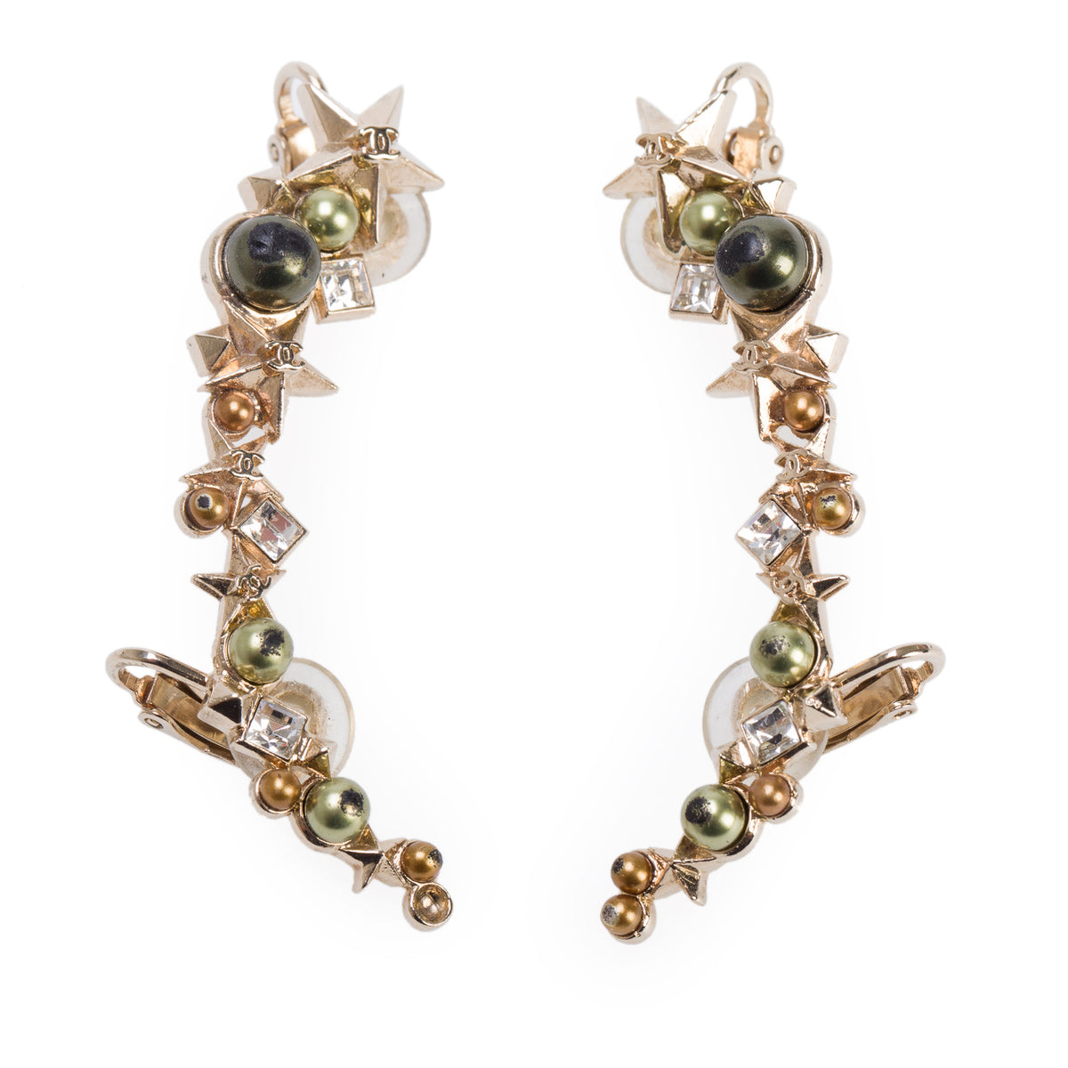 Chanel Gold-Plated Strass & Faux Pearl Star Drop Clip-On Earrings w/ Box
