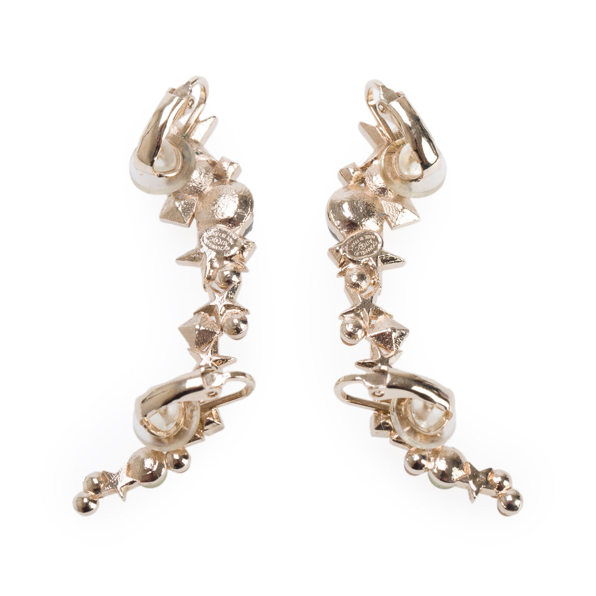 Chanel Gold-Plated Strass & Faux Pearl Star Drop Clip-On Earrings w/ Box