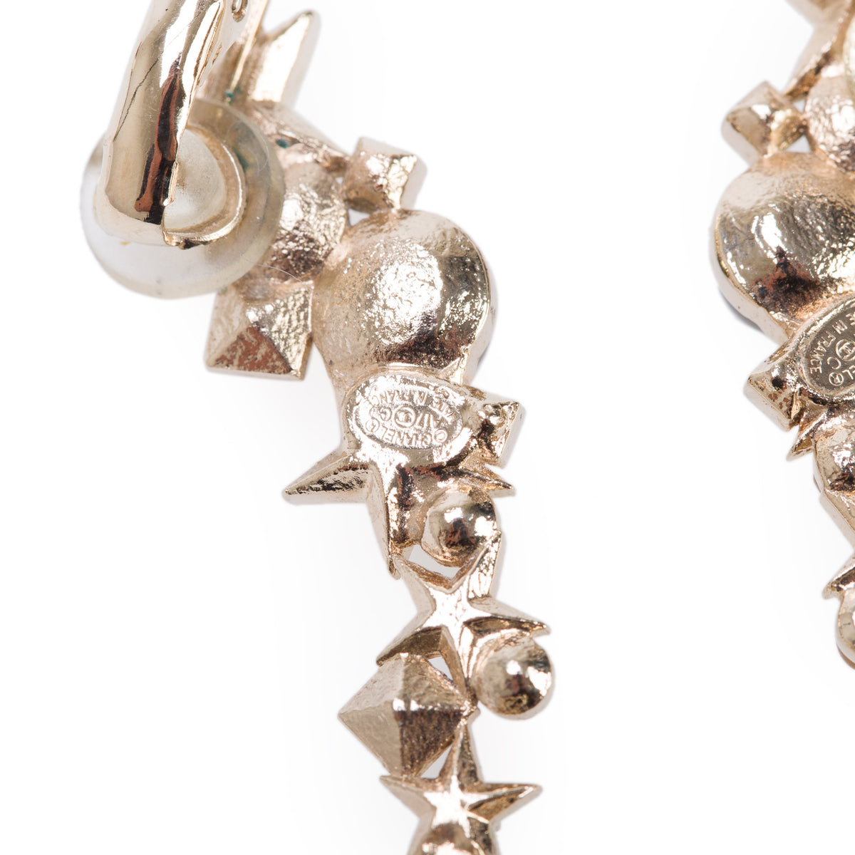Chanel Gold-Plated Strass & Faux Pearl Star Drop Clip-On Earrings w/ Box