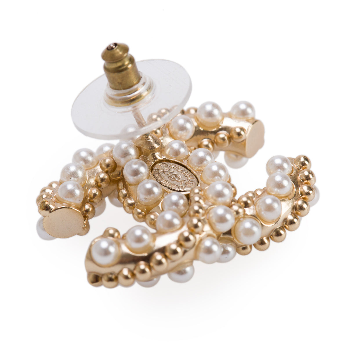 Chanel Gold-Plated Faux Pearl CC Stud Earrings w/ Box