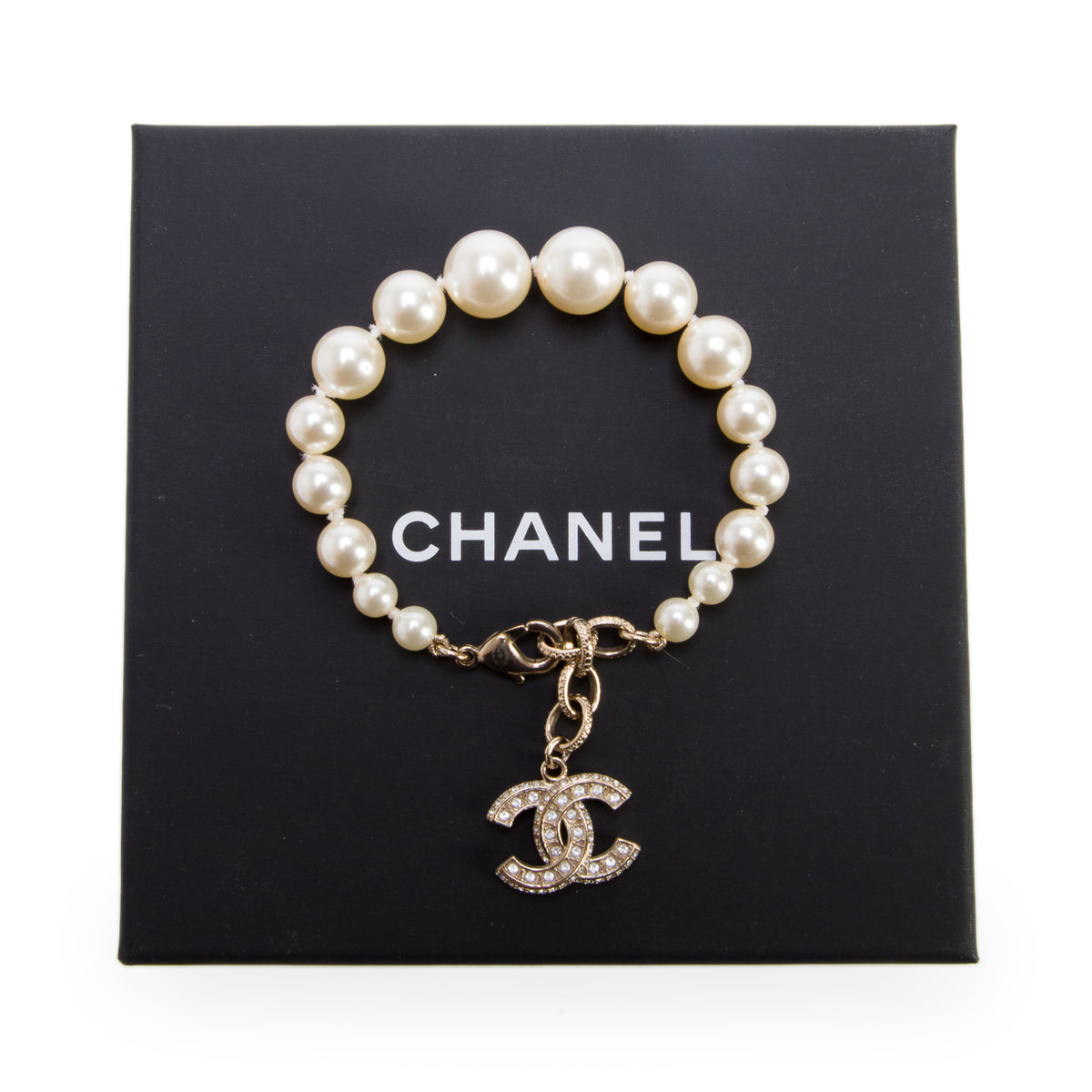 Chanel 2025 Gold Plated Faux Pearl & Strass CC Bracelet w/ Box