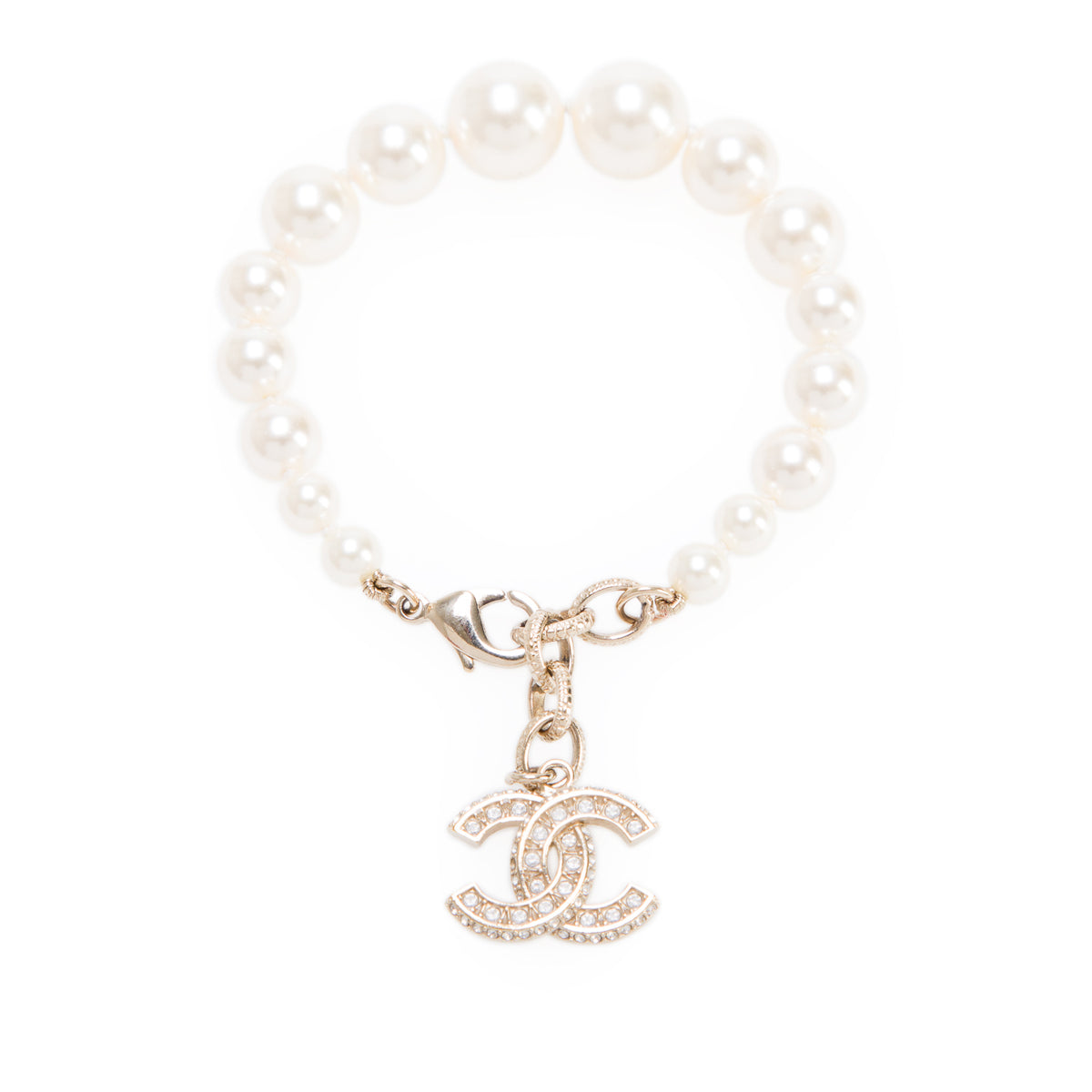 Chanel 2025 Gold Plated Faux Pearl & Strass CC Bracelet w/ Box