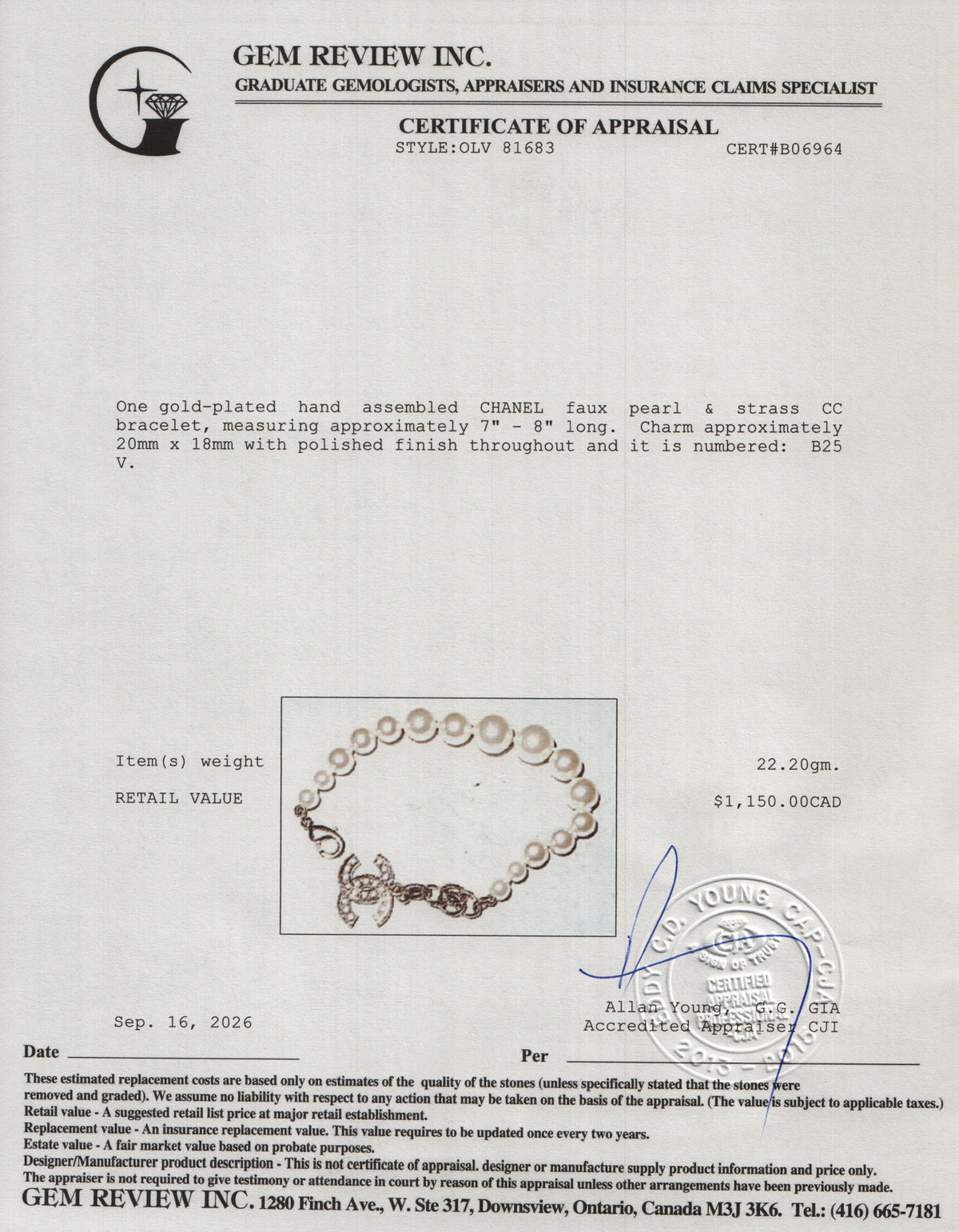 Chanel 2025 Gold Plated Faux Pearl & Strass CC Bracelet w/ Box