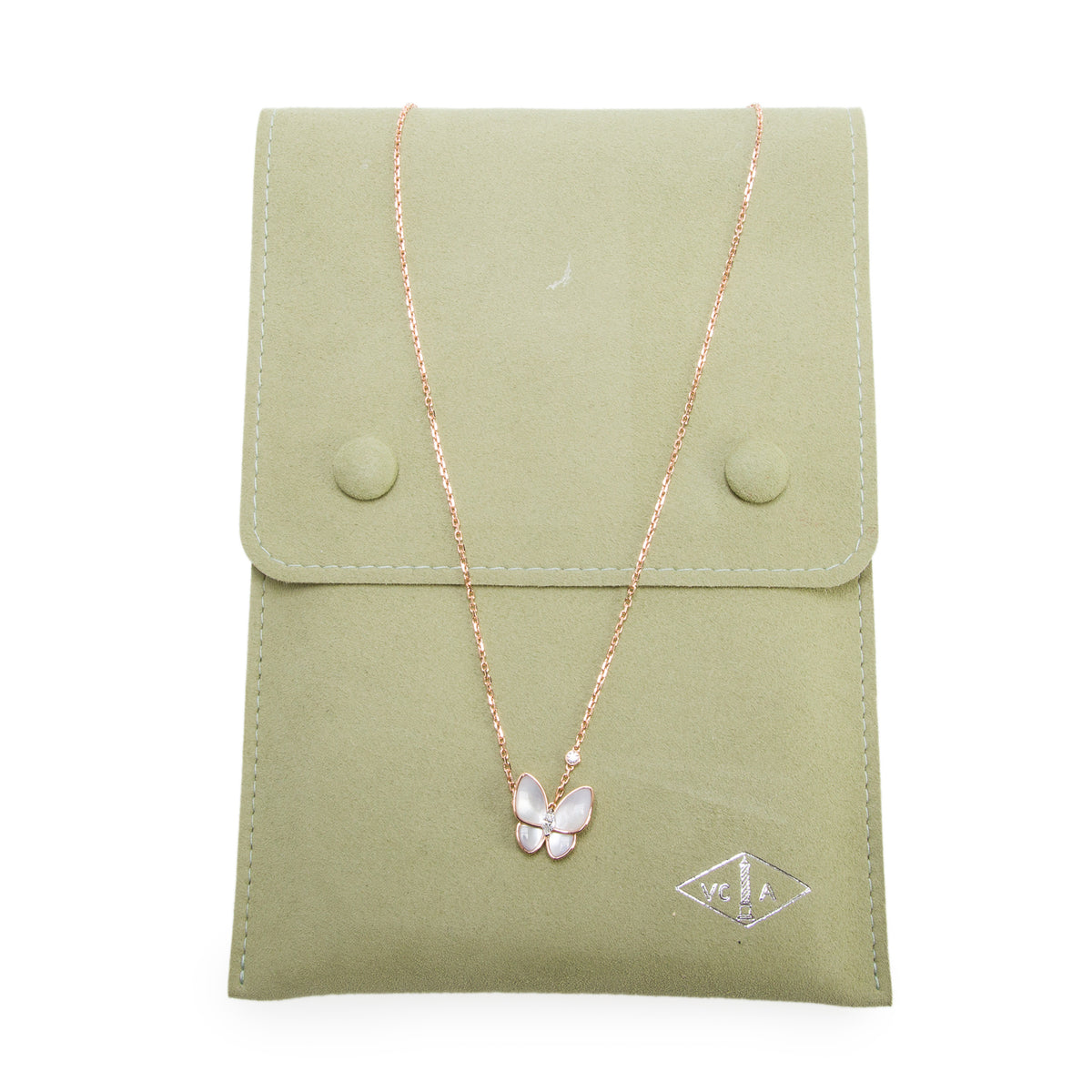 Van Cleef & Arpels 18k Rose & White Gold Mother of Pearl & Diamond Two Butterfly Pendant Necklace w/ Certificate
