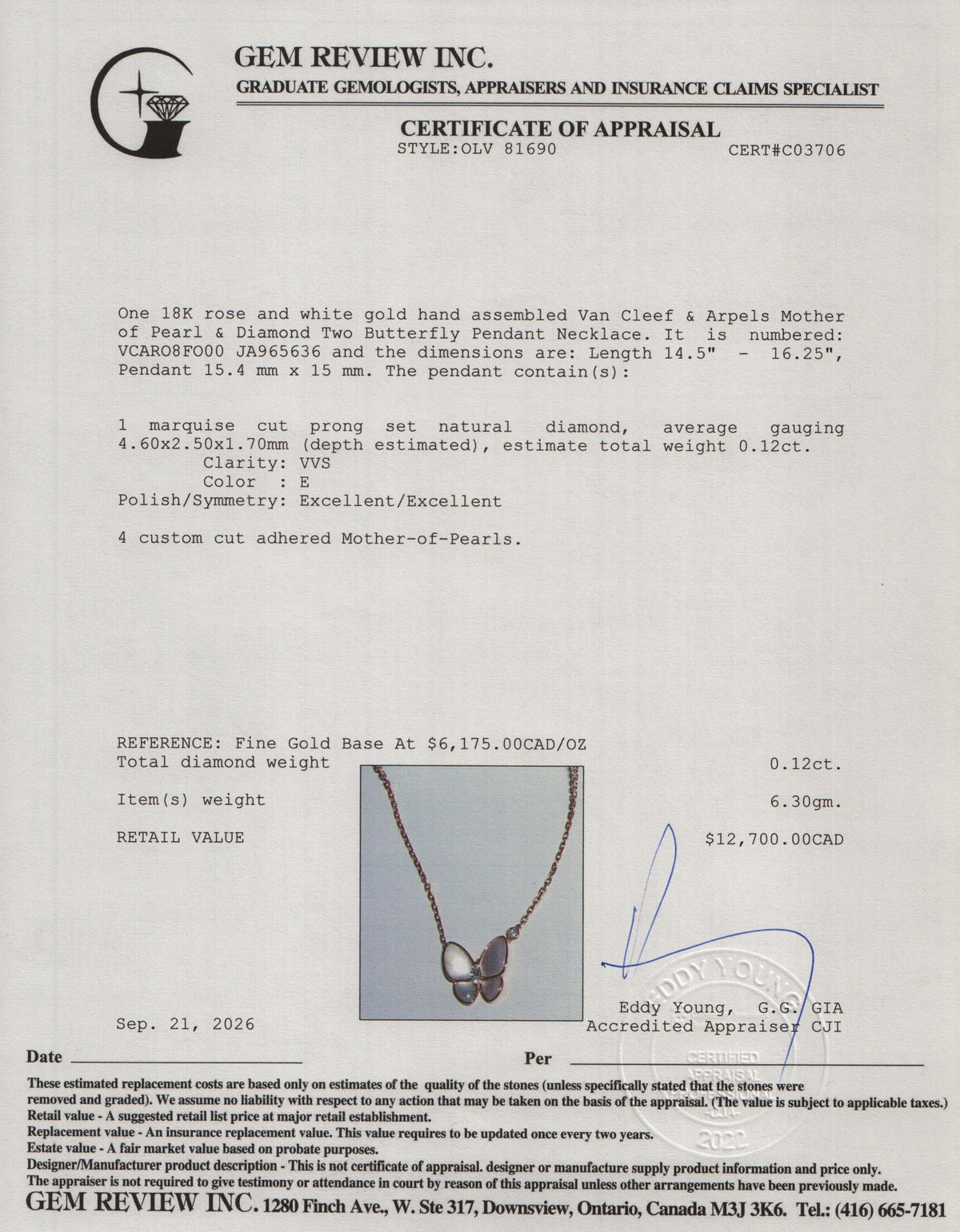 Van Cleef & Arpels 18k Rose & White Gold Mother of Pearl & Diamond Two Butterfly Pendant Necklace w/ Certificate