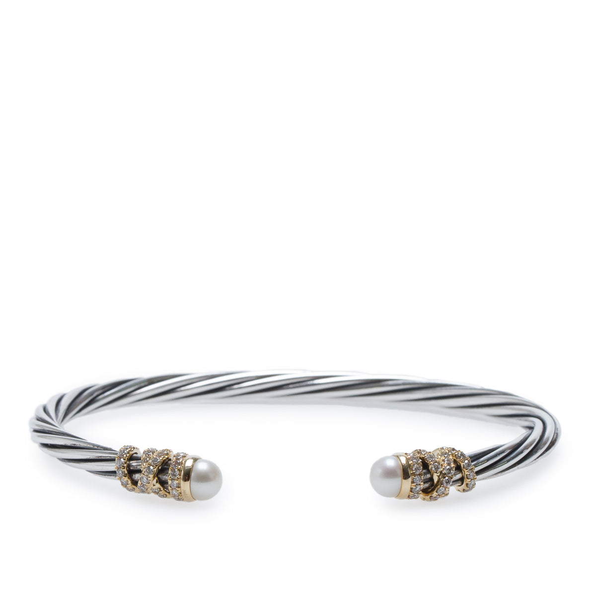 David Yurman Sterling Silver & 18k Yellow Gold Pearl & Diamond Helena Classic 4 MM Cable Bracelet