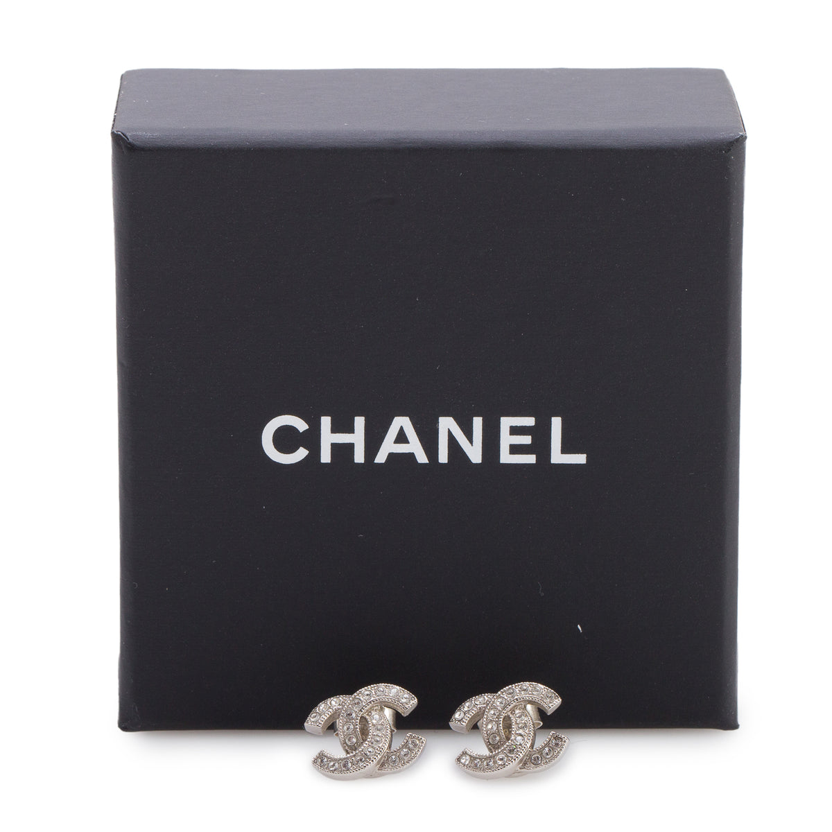 Chanel 2021 Palladium Plated Strass Mini CC Stud Earrings w/ Box