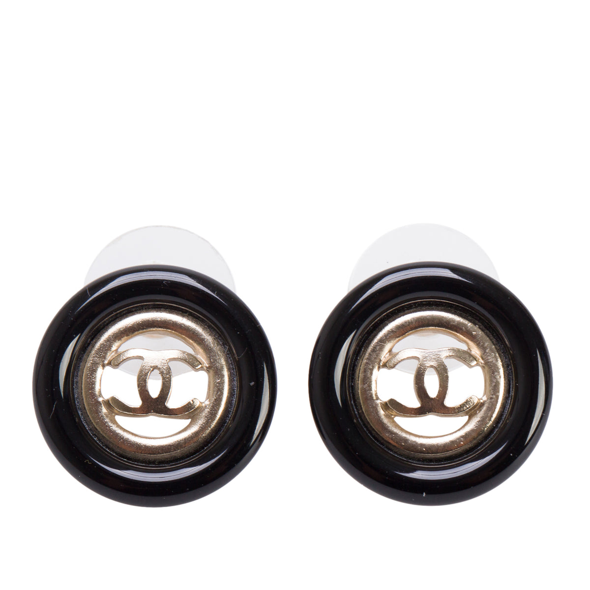 Chanel Gold-Plated Black Enamel CC Logo Stud Earrings w/ Box