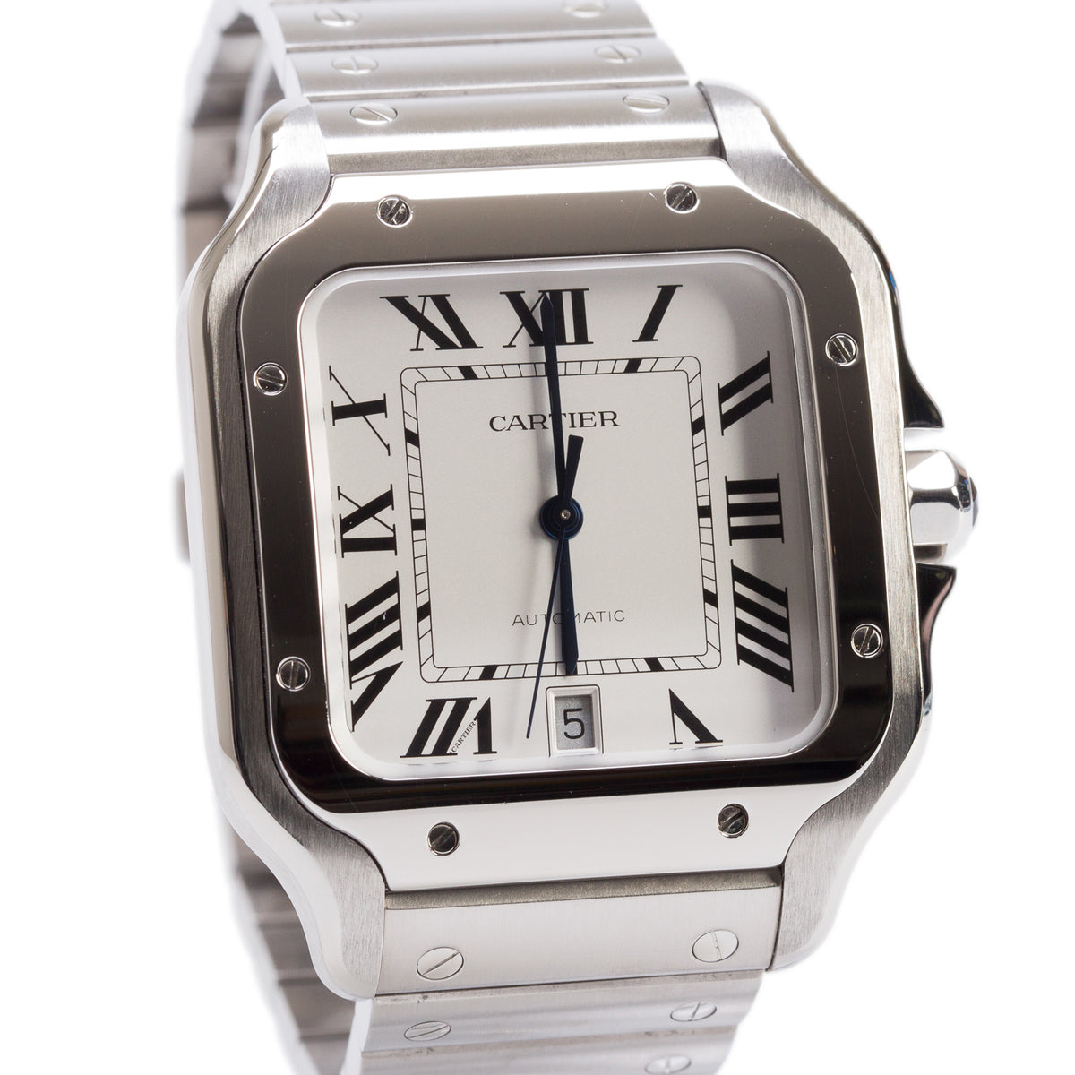 Cartier 2023 Stainless Steel Santos de Cartier Automatic Watch, Large Model Silver Dial 4072 w/ Box & Papers
