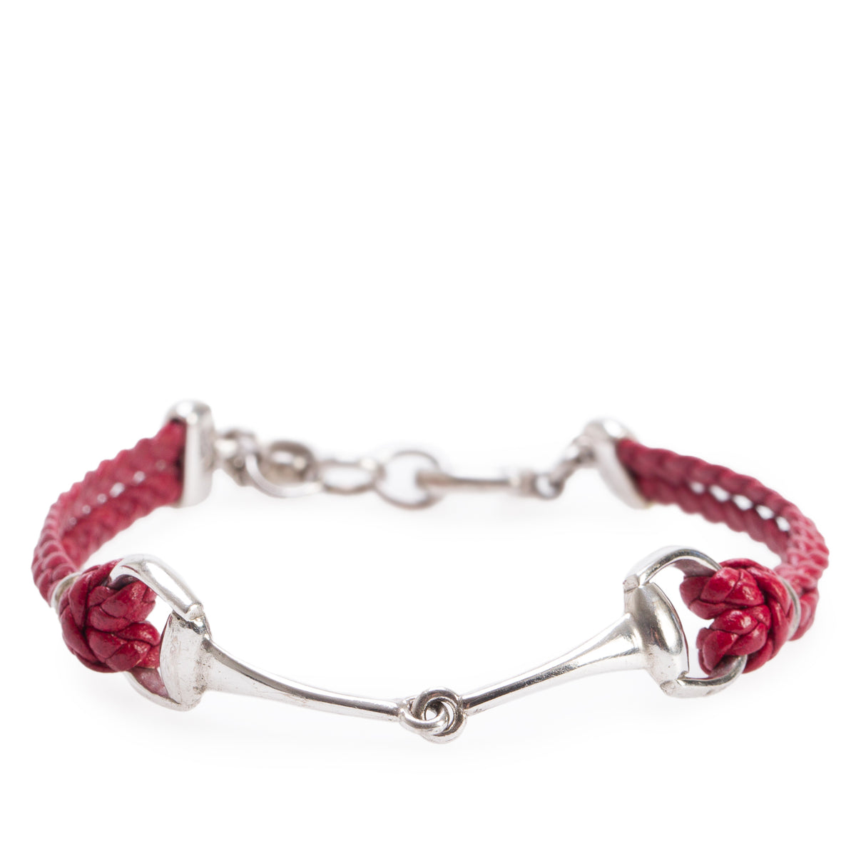 Gucci Sterling Silver Red Braided Leather Horsebit Bracelet