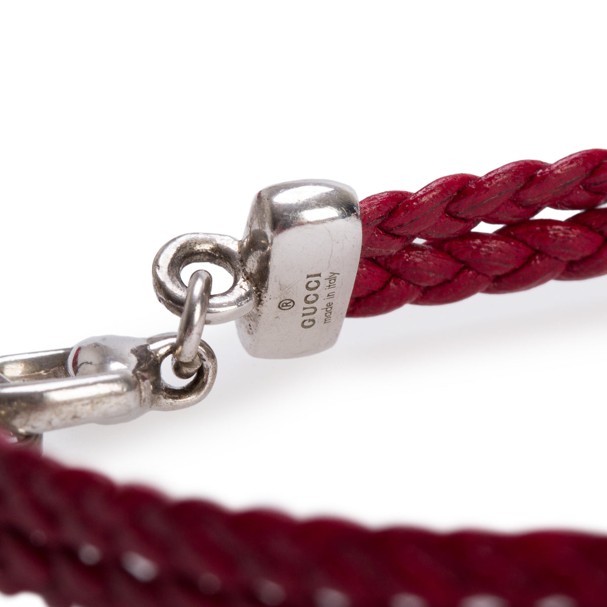 Gucci Sterling Silver Red Braided Leather Horsebit Bracelet