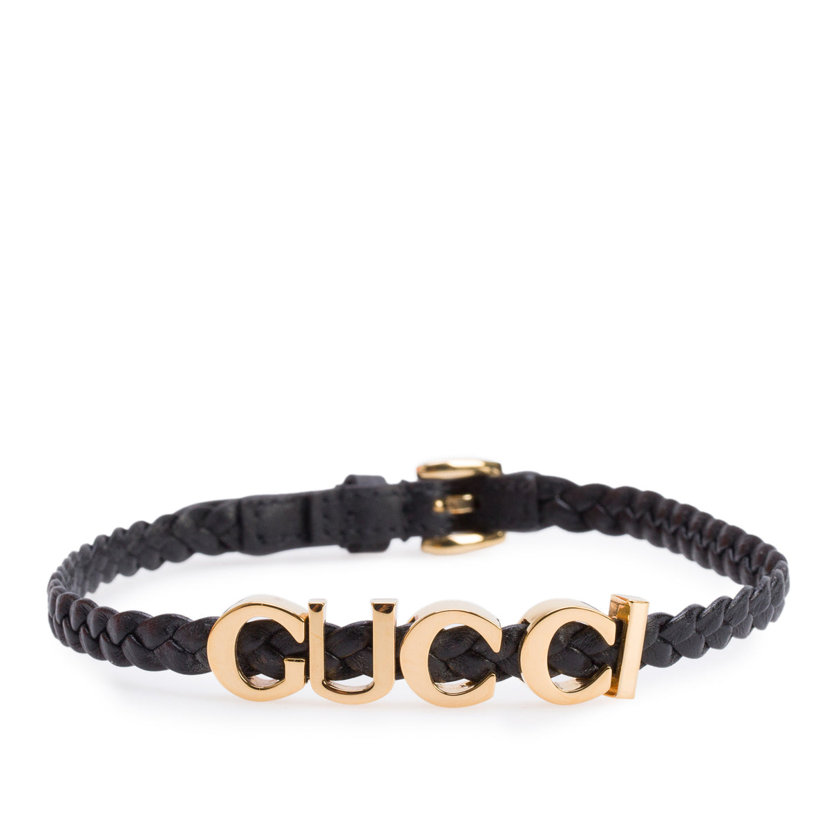 Gucci Black Braided Leather Gold-Plated 'GUCCI' Logo Choker Necklace w/ Box