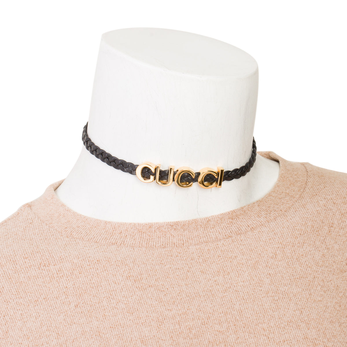 Gucci Black Braided Leather Gold-Plated 'GUCCI' Logo Choker Necklace w/ Box