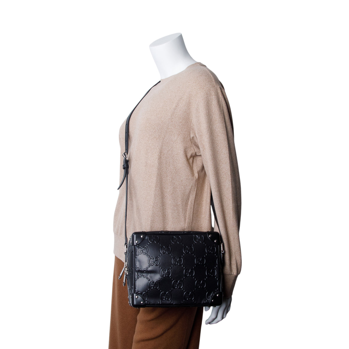 Gucci Black Calfskin GG Tennis Embossed Square Messenger Bag