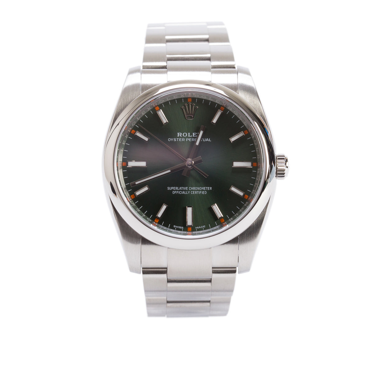 Rolex Stainless Steel Oyster Perpetual Air King 34 MM Automatic Watch Olive Green Dial 114200 w/ Box & Service Papers
