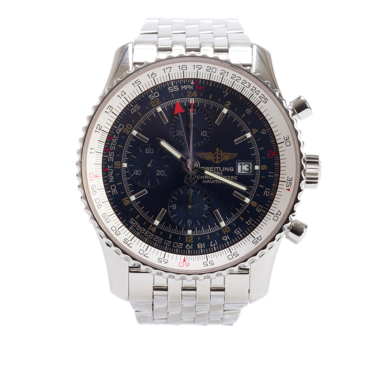 Breitling Stainless Steel Navitimer World GMT 46 MM Chronograph Automatic Watch Blue Dial A2432