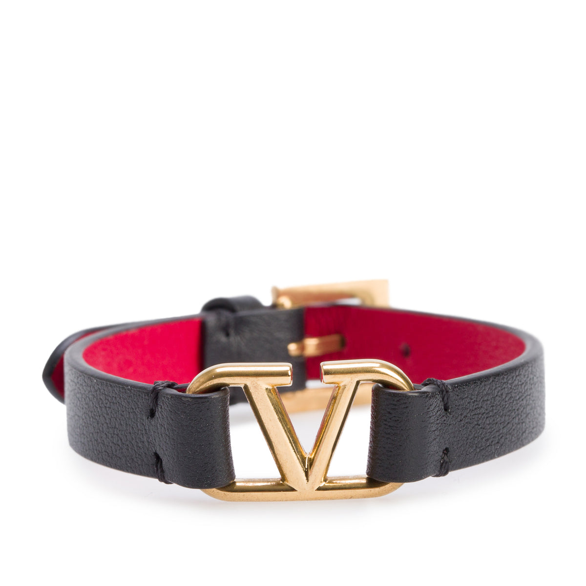 Valentino Gold Plated Metal Black Leather Vlogo Signature Bracelet w/ Box