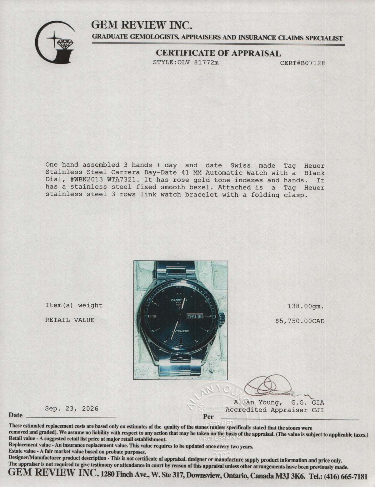 Tag Heuer 2023 Stainless Steel Carrera Day-Date 41 MM Automatic Watch Black Dial WBN2013 w/ Box & Papers