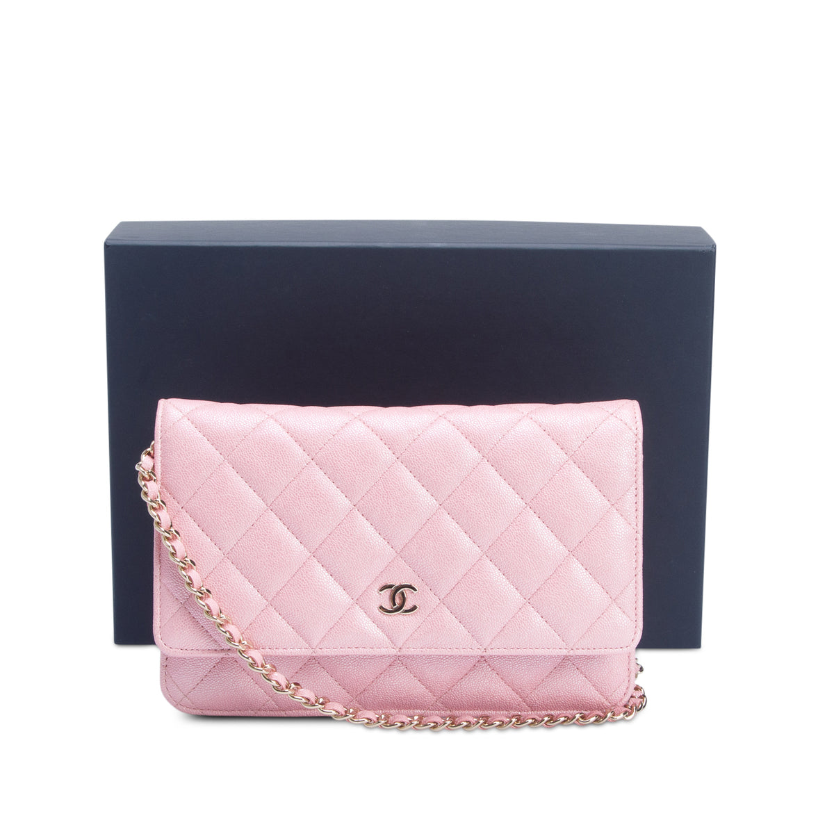 Chanel Pink Iridescent Caviar Quilted Classic Wallet on Chain w/ Box & Authenticity Card