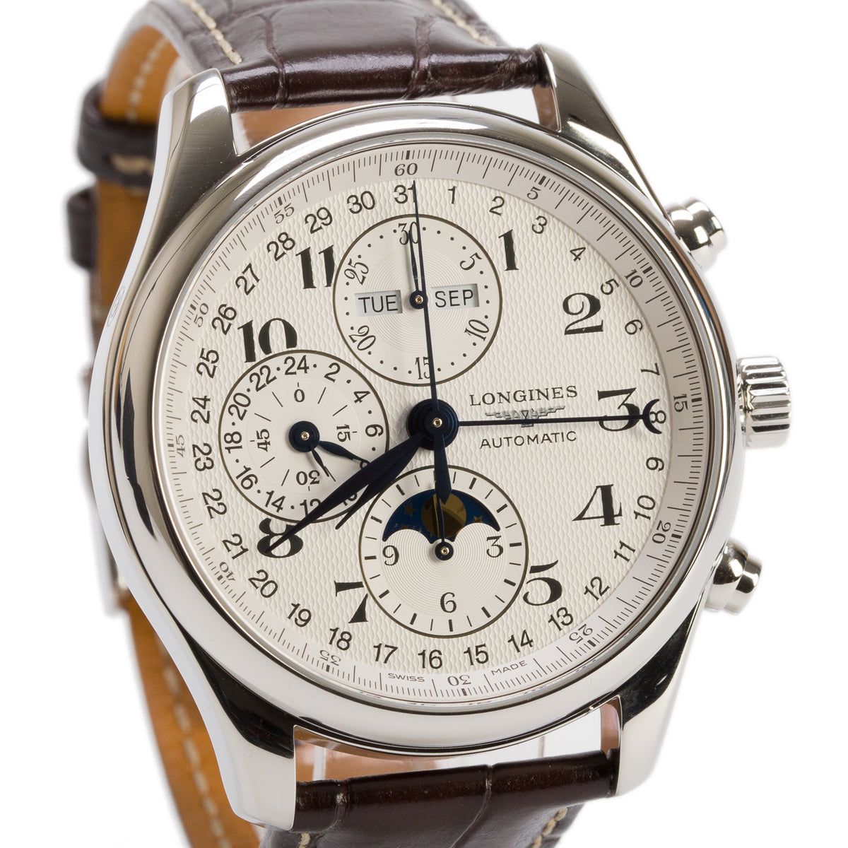 Longines Stainless Steel Master Collection 42 MM Automatic Moonphase Chronograph Watch Silver Dial w/ Box & Papers