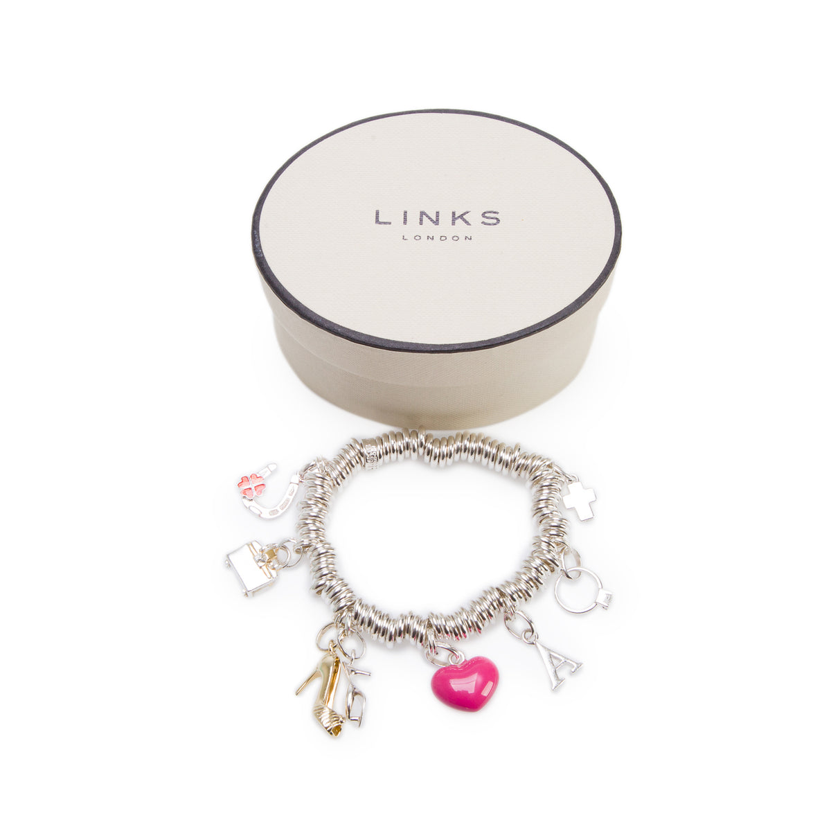 Links of London Sterling Silver Sweetie Charm Bracelet w/ Box & 7 Charms