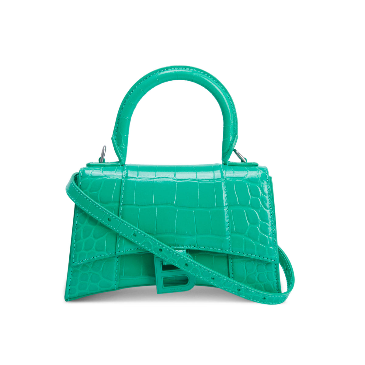 Balenciaga Green Shiny Calfskin Croc-Embossed Leather XS Hourglass Top Handle Bag w/ Strap