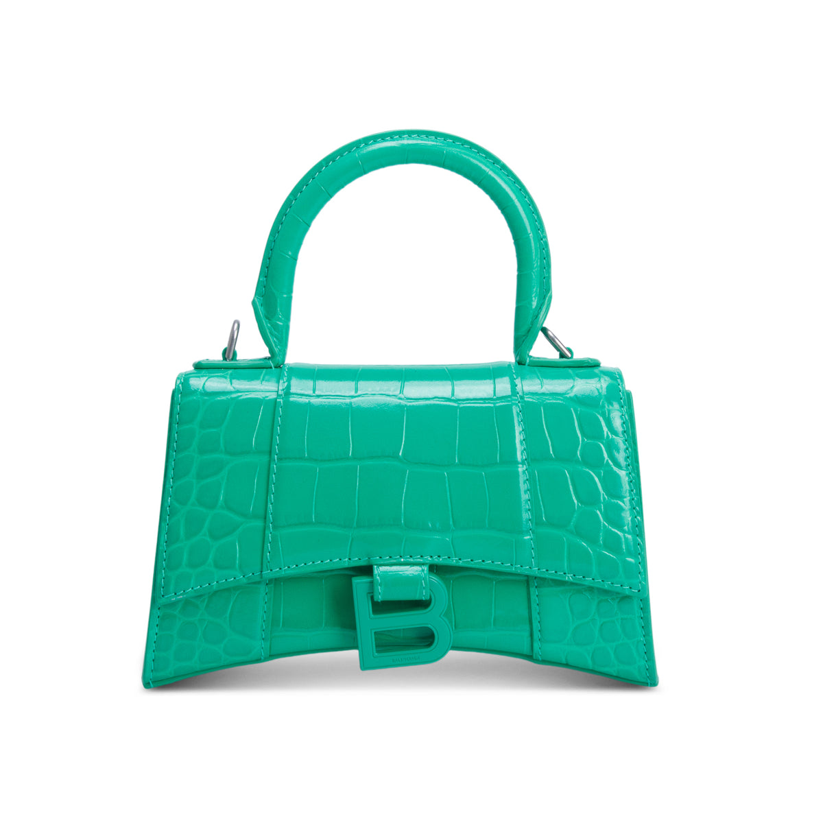 Balenciaga Green Shiny Calfskin Croc-Embossed Leather XS Hourglass Top Handle Bag w/ Strap