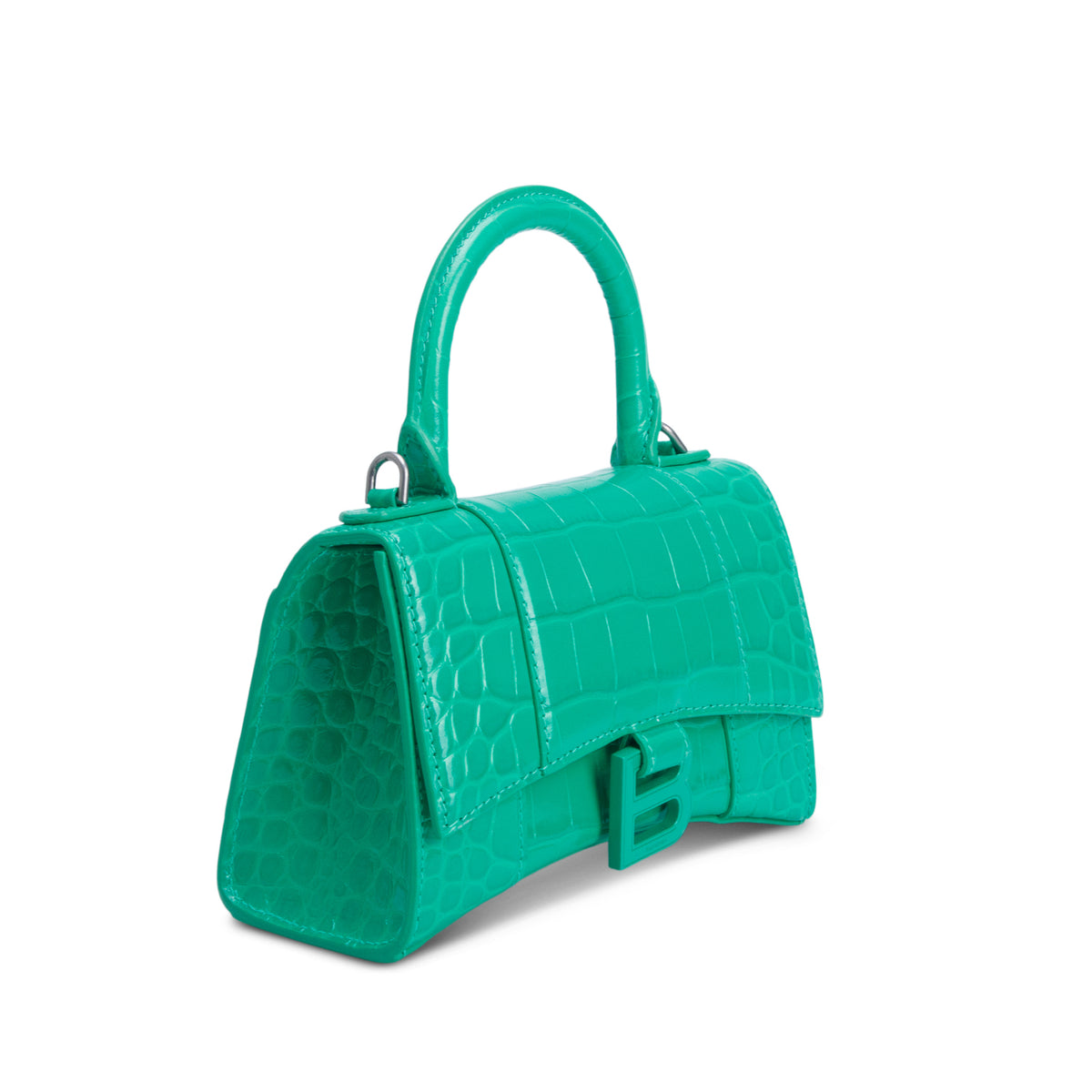 Balenciaga Green Shiny Calfskin Croc-Embossed Leather XS Hourglass Top Handle Bag w/ Strap