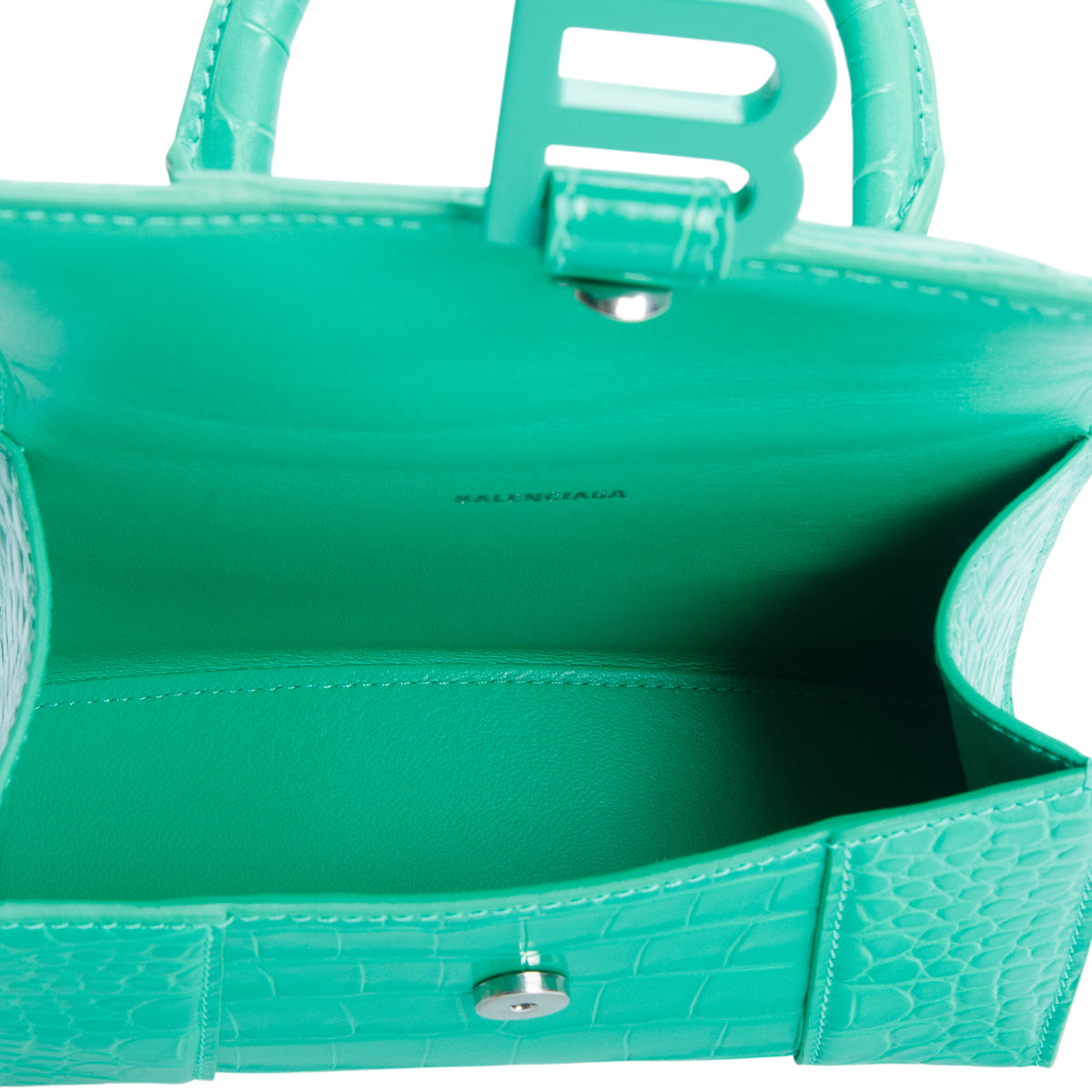 Balenciaga Green Shiny Calfskin Croc-Embossed Leather XS Hourglass Top Handle Bag w/ Strap