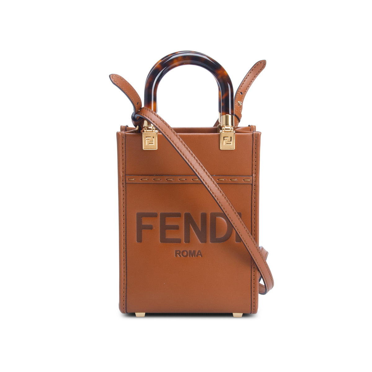 Fendi Brown Vitello King Plexiglass Logo Embossed Mini Fendi Sunshine Shopper Tote w/ Strap