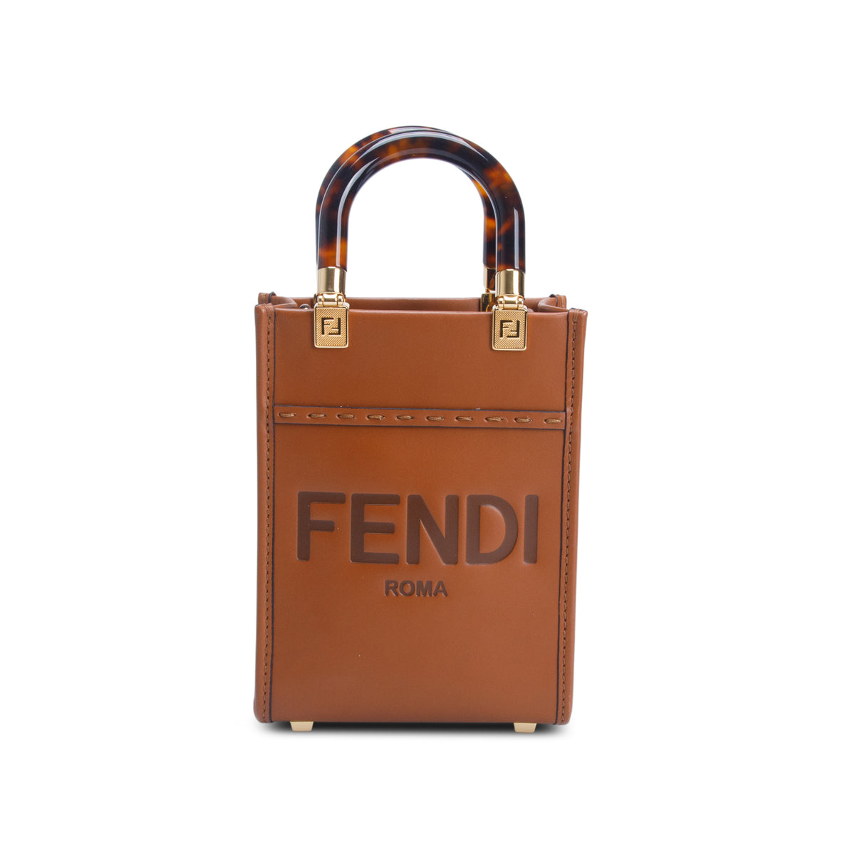 Fendi Brown Vitello King Plexiglass Logo Embossed Mini Fendi Sunshine Shopper Tote w/ Strap