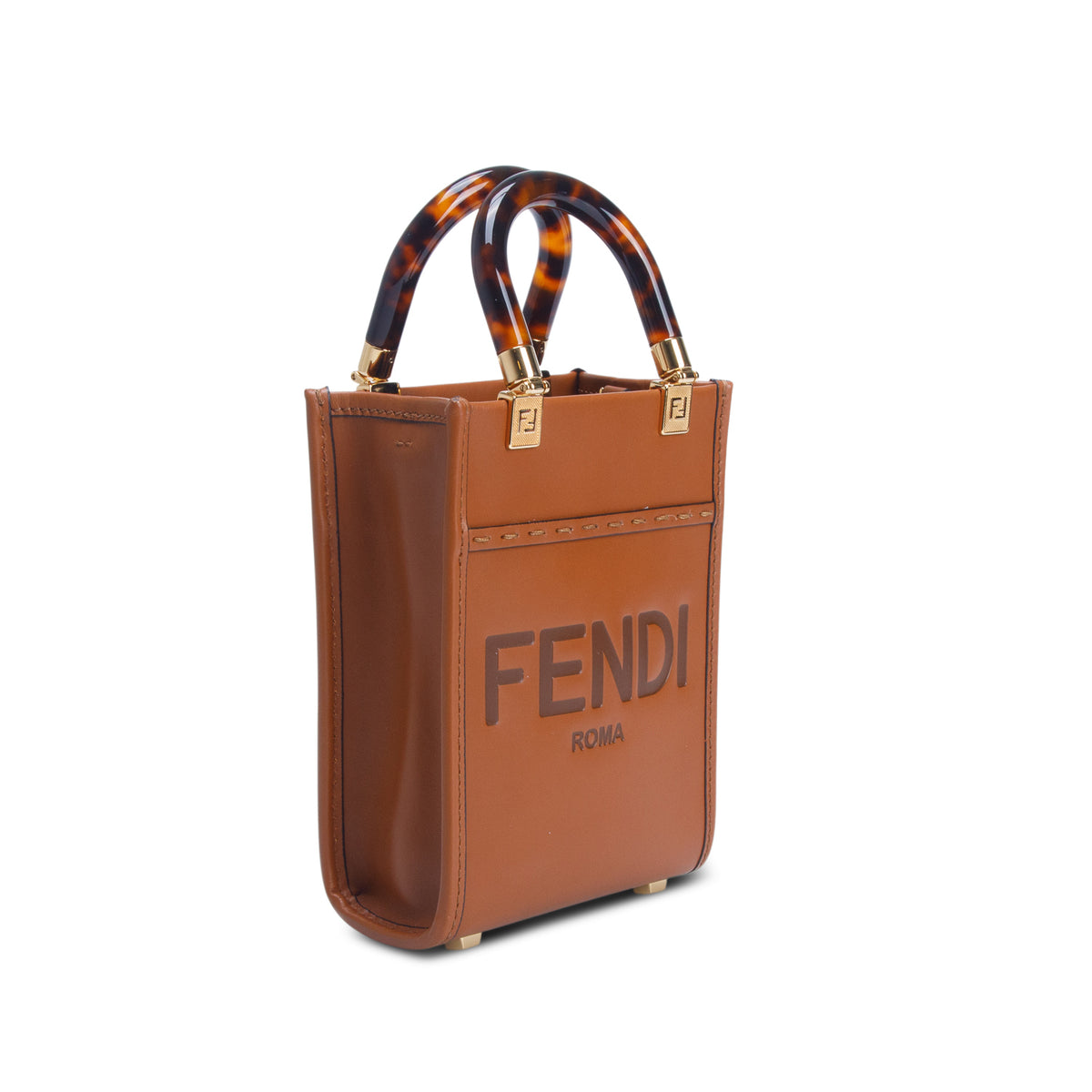Fendi Brown Vitello King Plexiglass Logo Embossed Mini Fendi Sunshine Shopper Tote w/ Strap