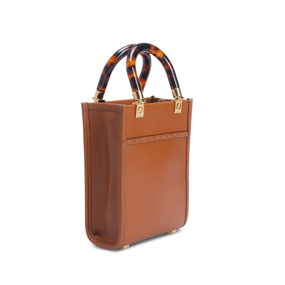 Fendi Brown Vitello King Plexiglass Logo Embossed Mini Fendi Sunshine Shopper Tote w/ Strap