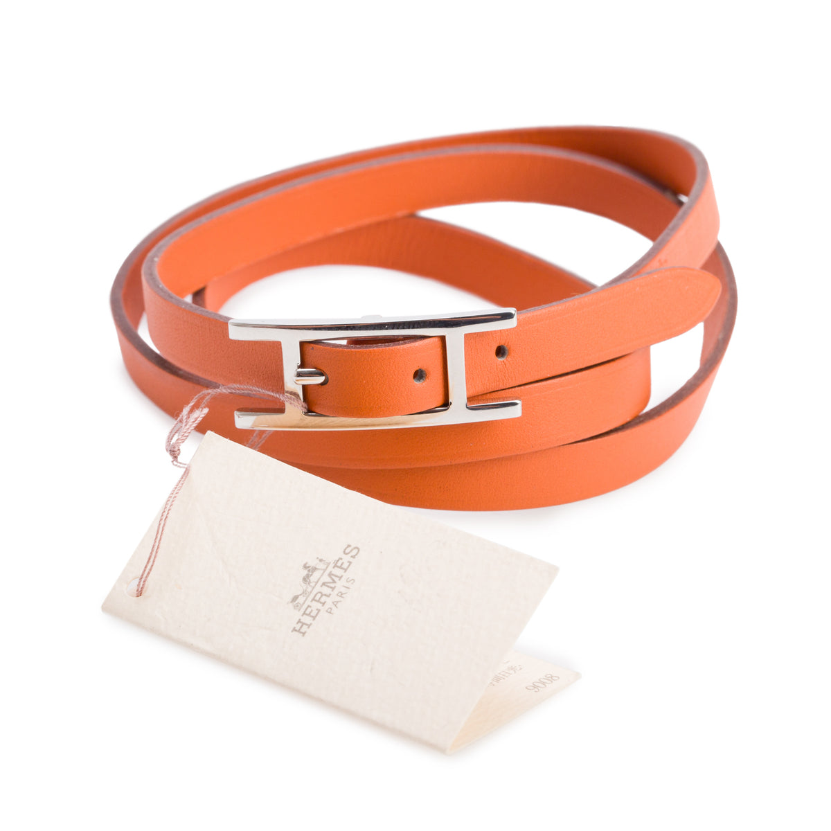 Hermes Palladium Plated Orange Leather Behapi Triple Tour Wrap Bracelet
