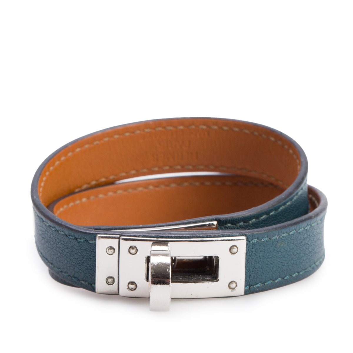 Hermes Palladium Plated Teal Leather Kelly Double Tour Bracelet, Size S