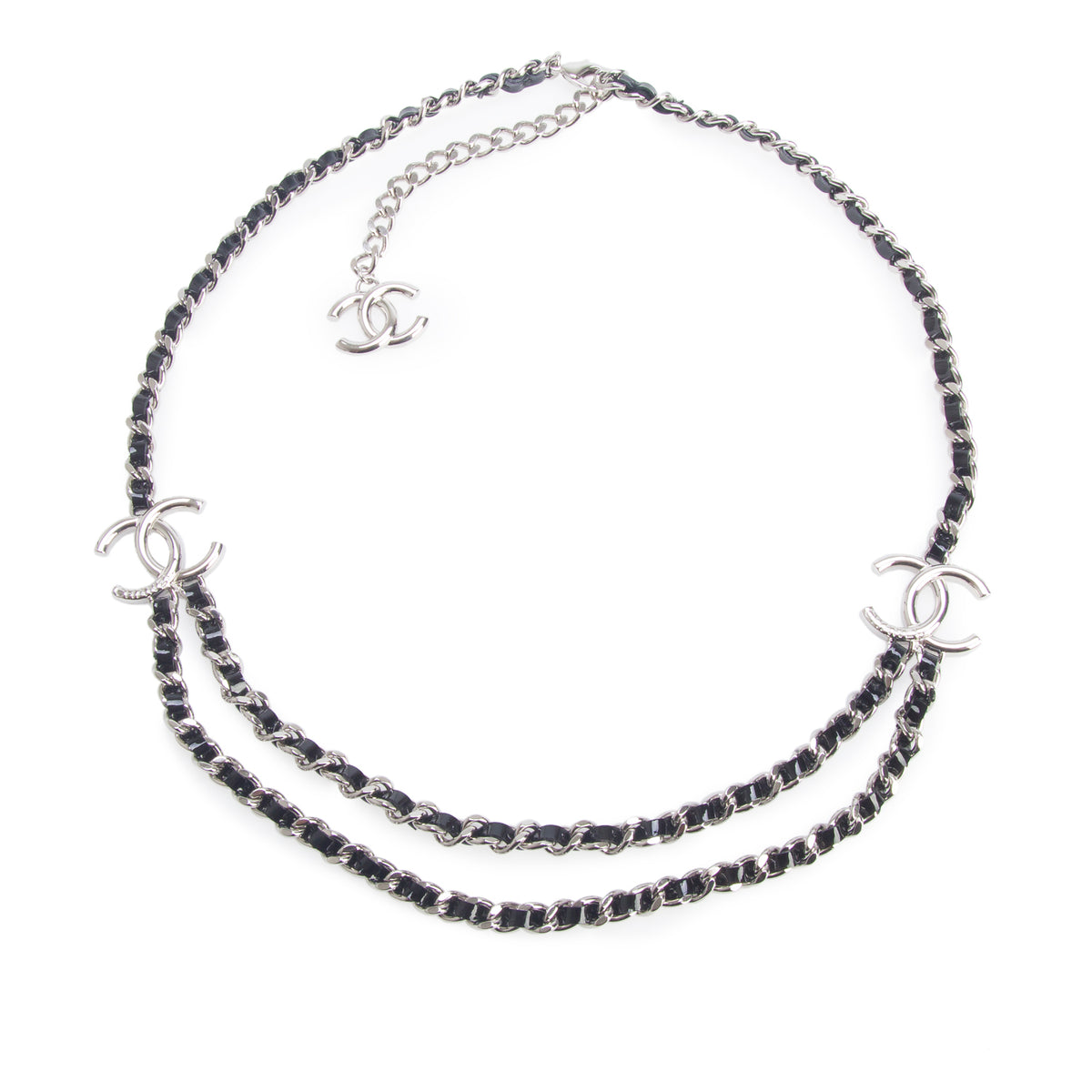 Chanel 2025 Palladium-Plated Chain-Link & Leather Interlocking CC Logo Waist Belt w/ Box