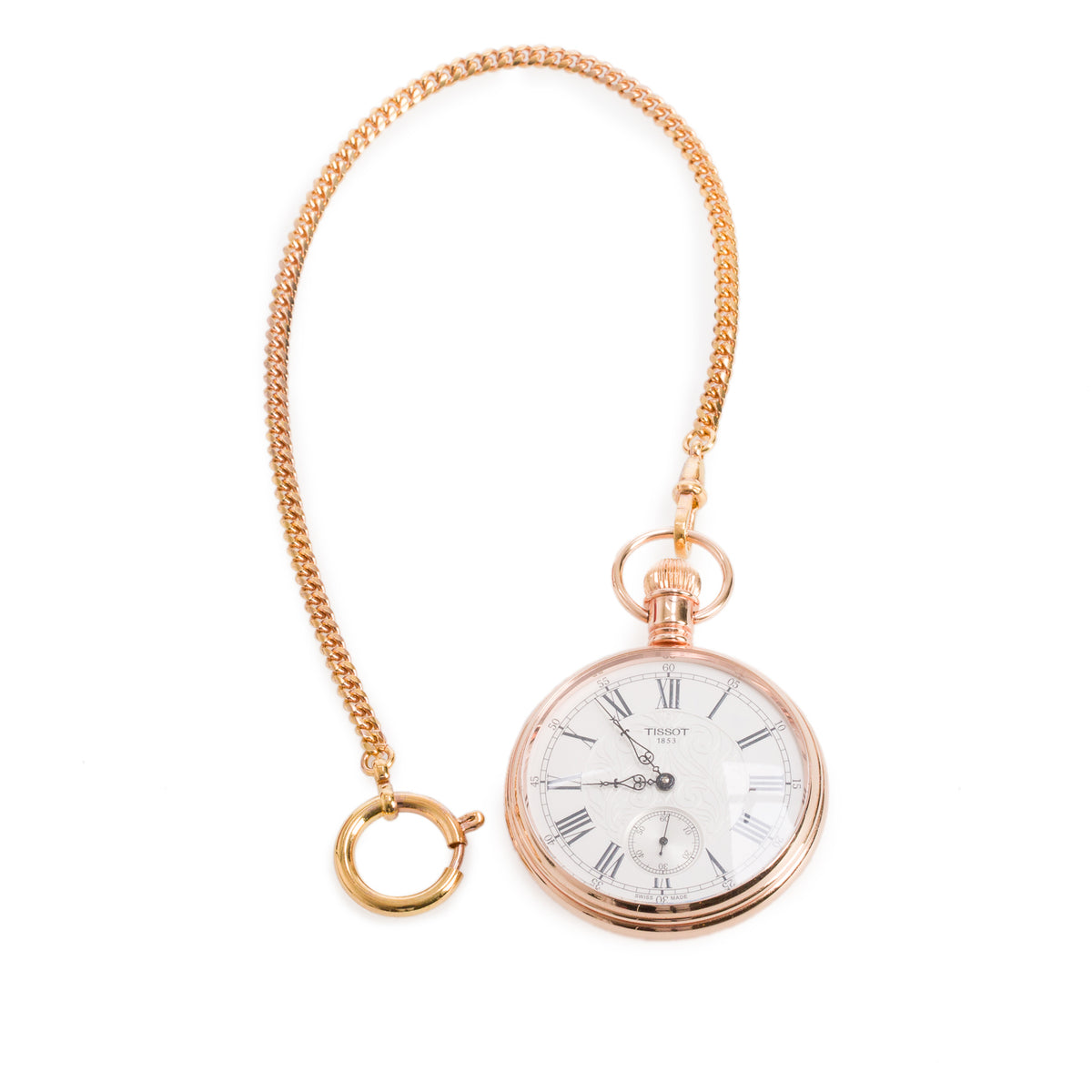 Tissot 2023 Rose-Gold Plated Stainless Steel Lepine 51 MM Manual Pocket Watch Silver Dial w/ Box , Papers& Chain