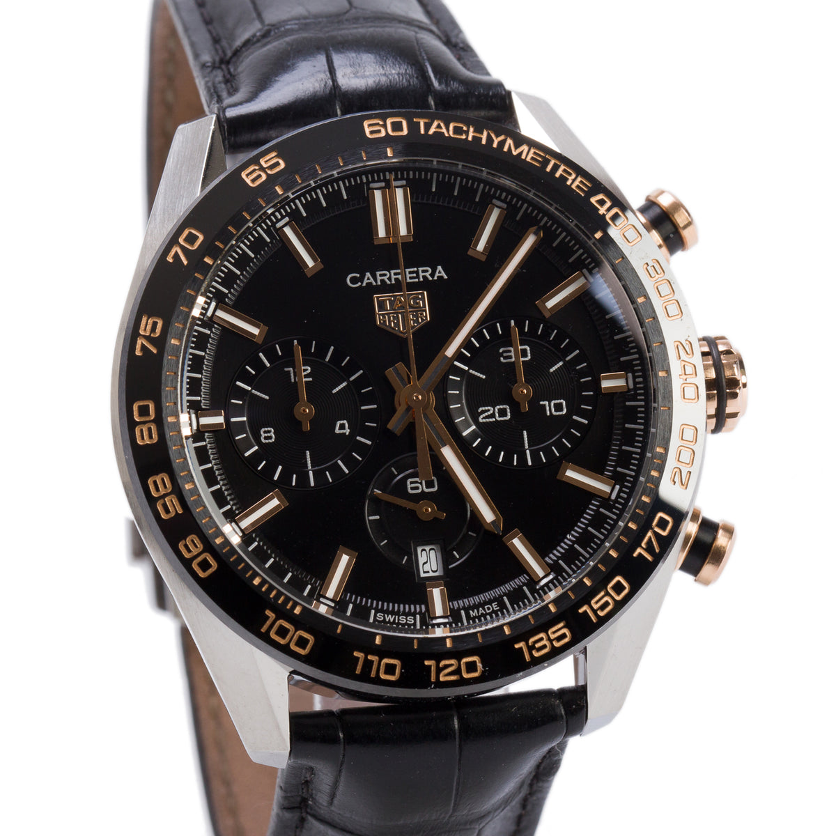 Tag Heuer 2025 Stainless Steel & 18k Rose Gold Carrera 44 MM Automatic Chronograph Watch Black Dial CBN2A5A w/ Box & Papers