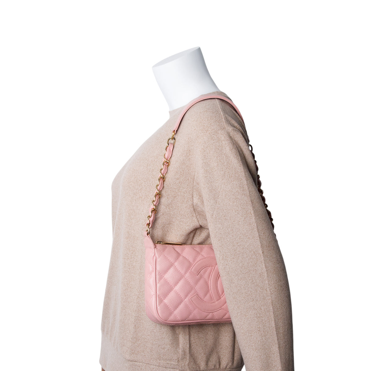 Chanel Pink Caviar Quilted CC Pochette w/ Authenticity Card