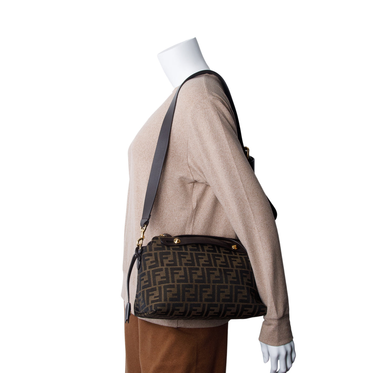 Fendi Brown Vitello Grace Jacquard FF Medium By The Way Boston Bag w/ Box